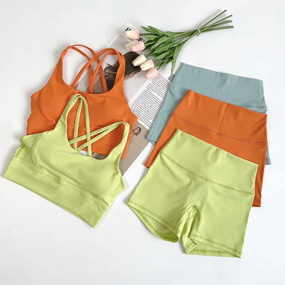 2Pcs Yoga Sets Naked Feel Gym Set Women Workout Clothes High Waist Yoga Shorts And Strappy Sports Bra Short Sets Summer