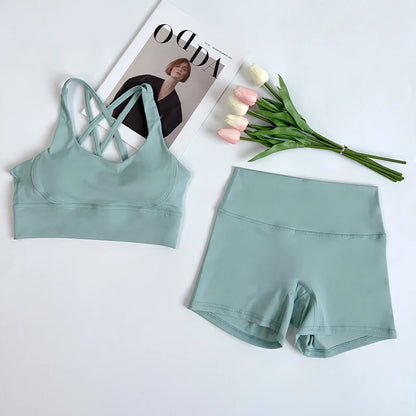2Pcs Yoga Sets Naked Feel Gym Set Women Workout Clothes High Waist Yoga Shorts And Strappy Sports Bra Short Sets Summer