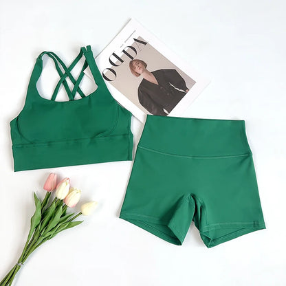 2Pcs Yoga Sets Naked Feel Gym Set Women Workout Clothes High Waist Yoga Shorts And Strappy Sports Bra Short Sets Summer