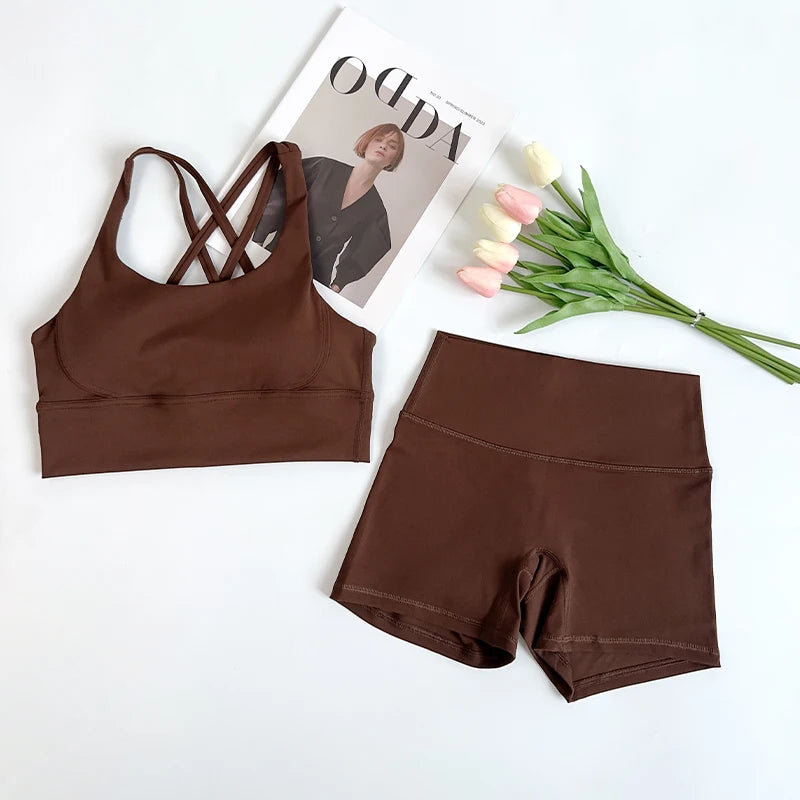2Pcs Yoga Sets Naked Feel Gym Set Women Workout Clothes High Waist Yoga Shorts And Strappy Sports Bra Short Sets Summer