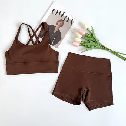 2Pcs Yoga Sets Naked Feel Gym Set Women Workout Clothes High Waist Yoga Shorts And Strappy Sports Bra Short Sets Summer
