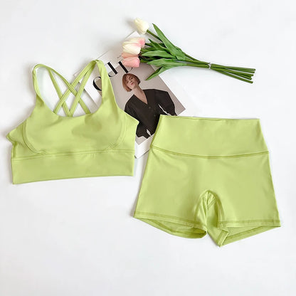 2Pcs Yoga Sets Naked Feel Gym Set Women Workout Clothes High Waist Yoga Shorts And Strappy Sports Bra Short Sets Summer