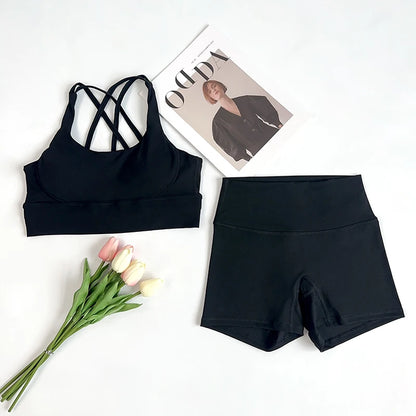 2Pcs Yoga Sets Naked Feel Gym Set Women Workout Clothes High Waist Yoga Shorts And Strappy Sports Bra Short Sets Summer