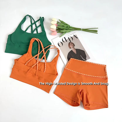 2Pcs Yoga Sets Naked Feel Gym Set Women Workout Clothes High Waist Yoga Shorts And Strappy Sports Bra Short Sets Summer